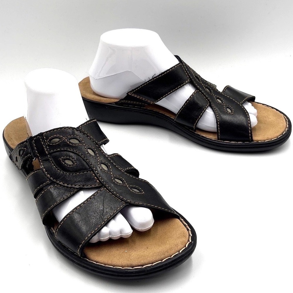 Clarks Bendables Women 10M Black Leather Laser Cut Slide Sandals Contrast Stitch